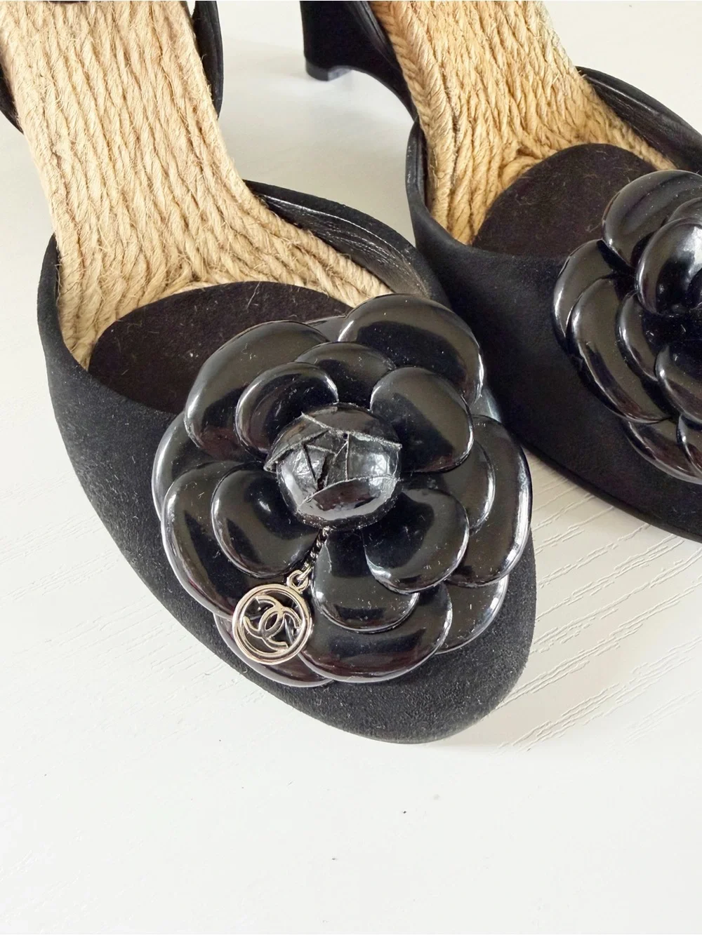 Chanel Camellia Espadrille Wedge Sandals 2006 Cruise Black Suede EU 40